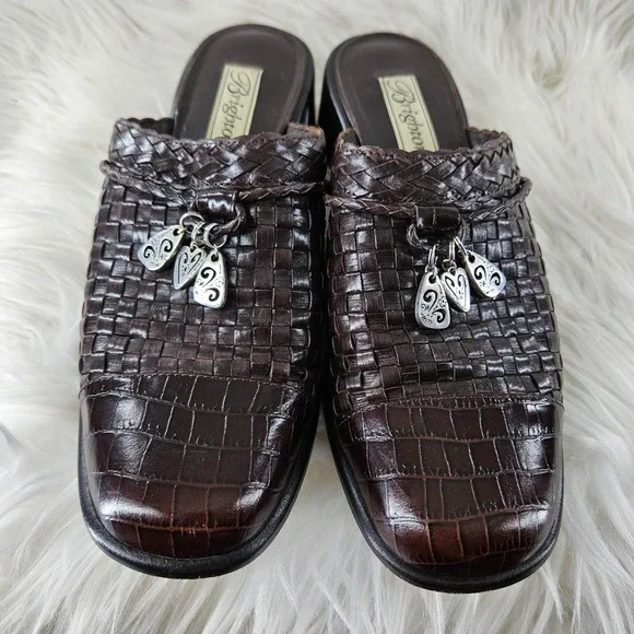 Brighton Franki Mules Womens 8 Brown Leather Croc Alligator Embossed Woven Charm - Picture 3 of 13